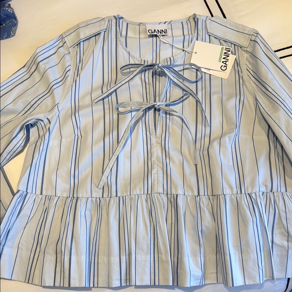 GANNI STRIPED TWILL PEPLUM BLOUSE
